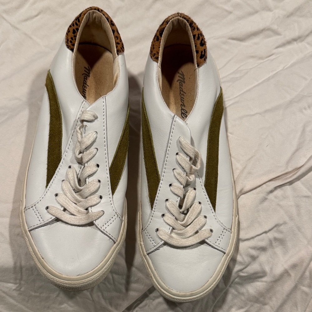 Madewell White leather and Olive Sneakers with Leopard Accent  unisex women's 7M